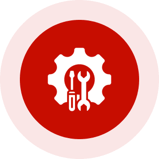 Gear with tools on red background icon.