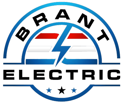Blue logo with stripes and lightning bolt.